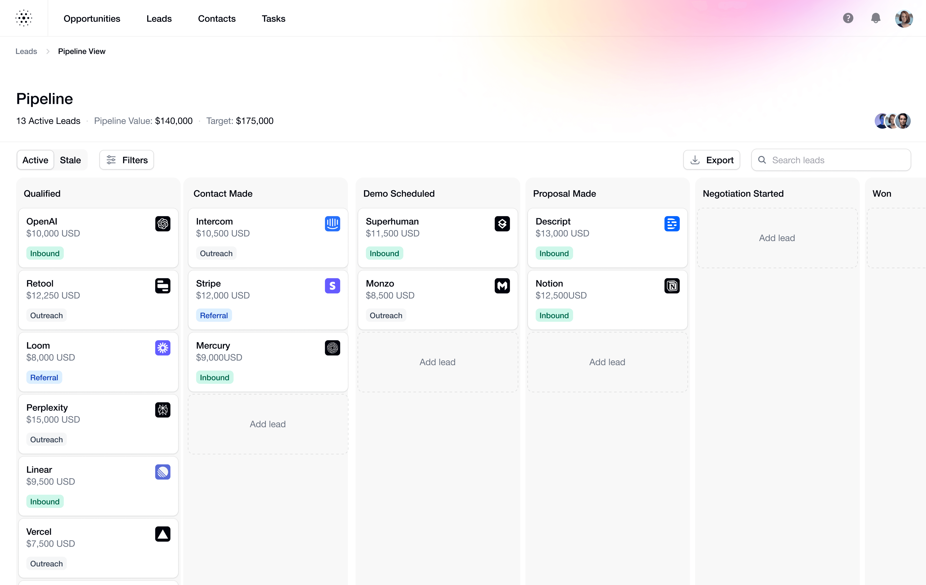 An screenshot detailing the Pipeline view of the Radiant app